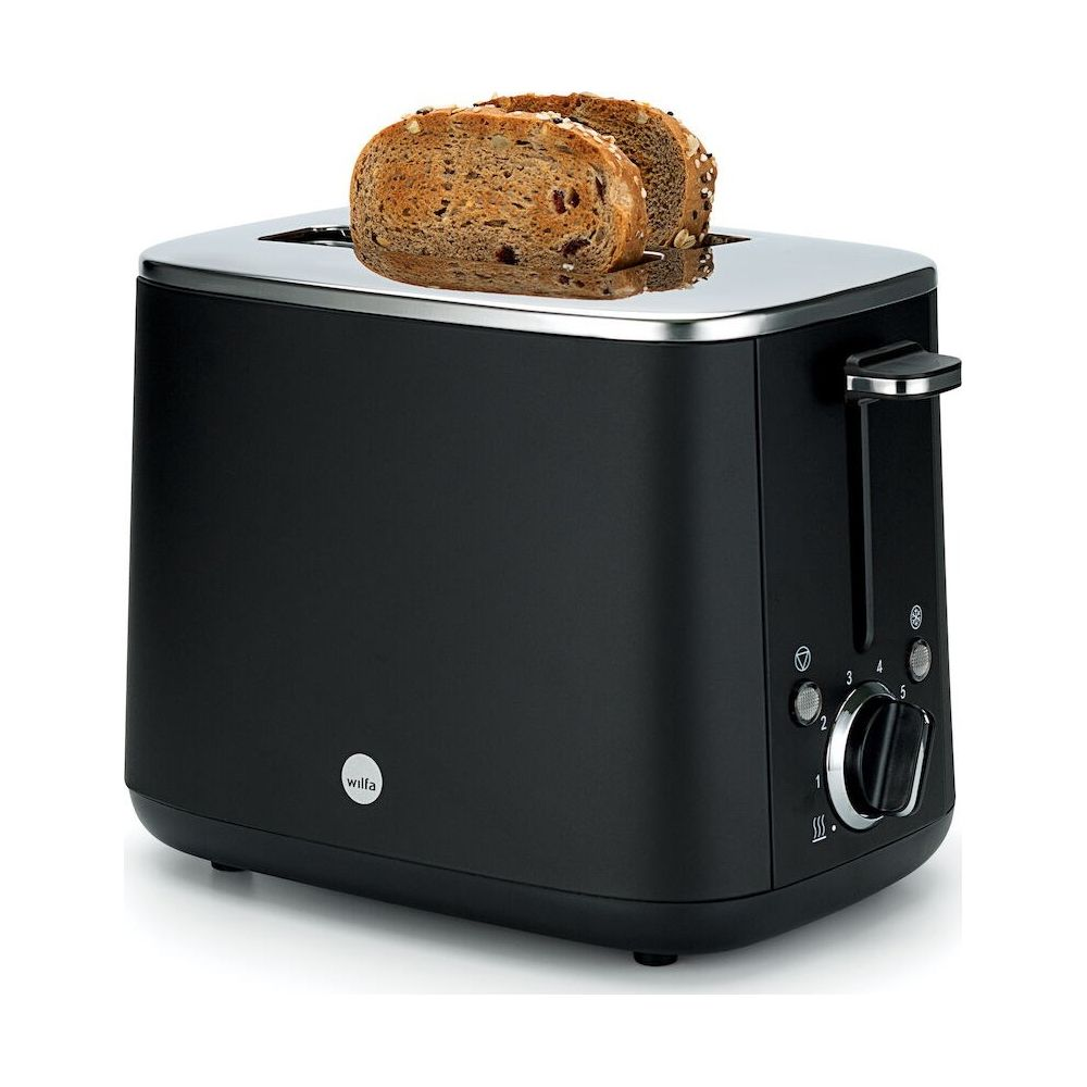 Tostapane nero con due fette di pane tostato che sporgono.