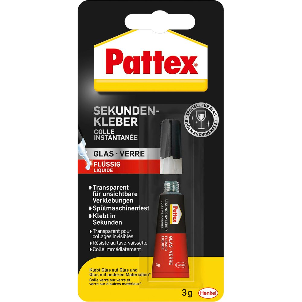 Pattex Sekundenkleber für Glas, flüssig, 3g. Speziell für Glas, spülmaschinenfest.