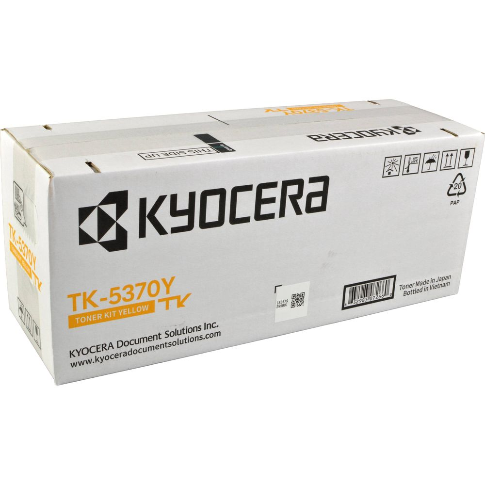 Pudełko żółtego tonera Kyocera TK-5370Y z informacjami o produkcie i kodem kreskowym.