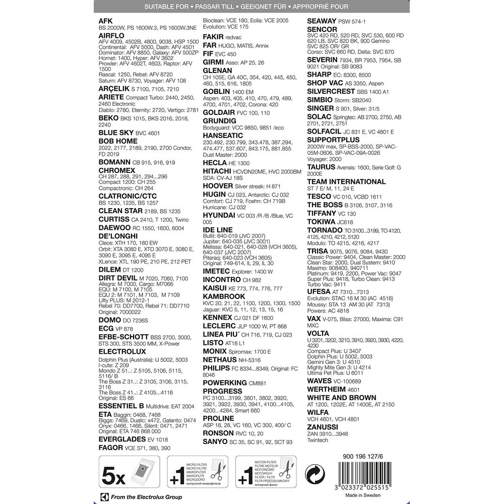 Liste von Staubsaugermodellen und Marken auf Schwedisch.