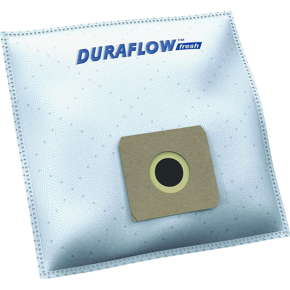 Ein blauer Staubsaugerbeutel mit dem Aufdruck DURAFlow fresh und einem Anschluss.
