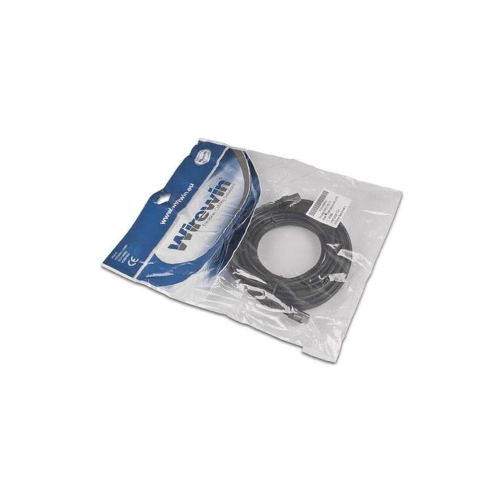 Ein schwarzes Kabel in Plastik verpackt mit Wirewin-Logo und Website.