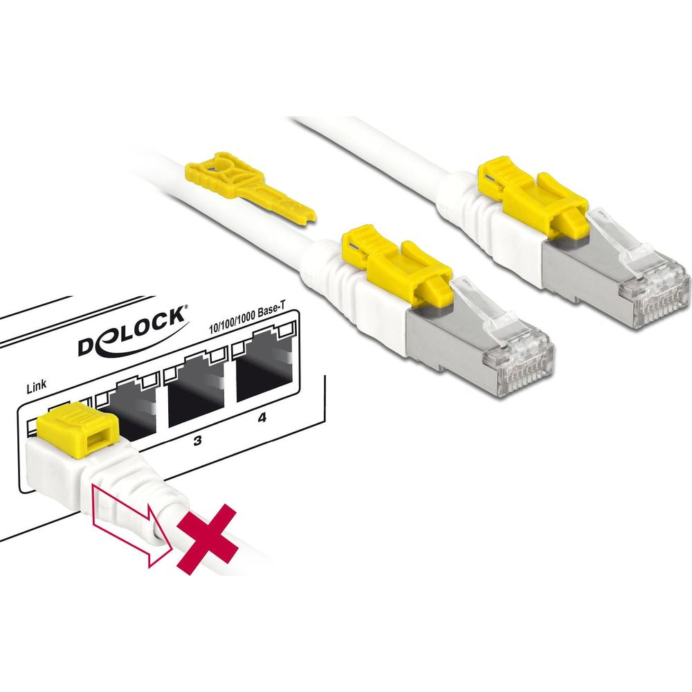 Cavi di rete bianchi con clip gialle e connettori RJ45 su uno switch Delock.