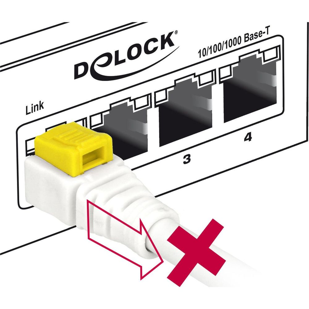 Cavo Ethernet inserito nello switch DLOCK con linguetta gialla. X rossa.
