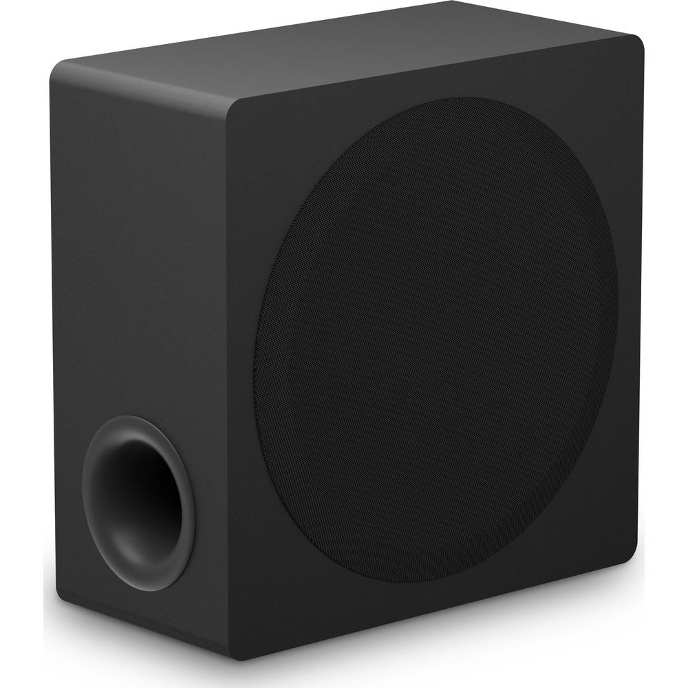 Schwarzer Subwoofer mit rundem Lautsprechergrill und seitlichem Bassreflexrohr.