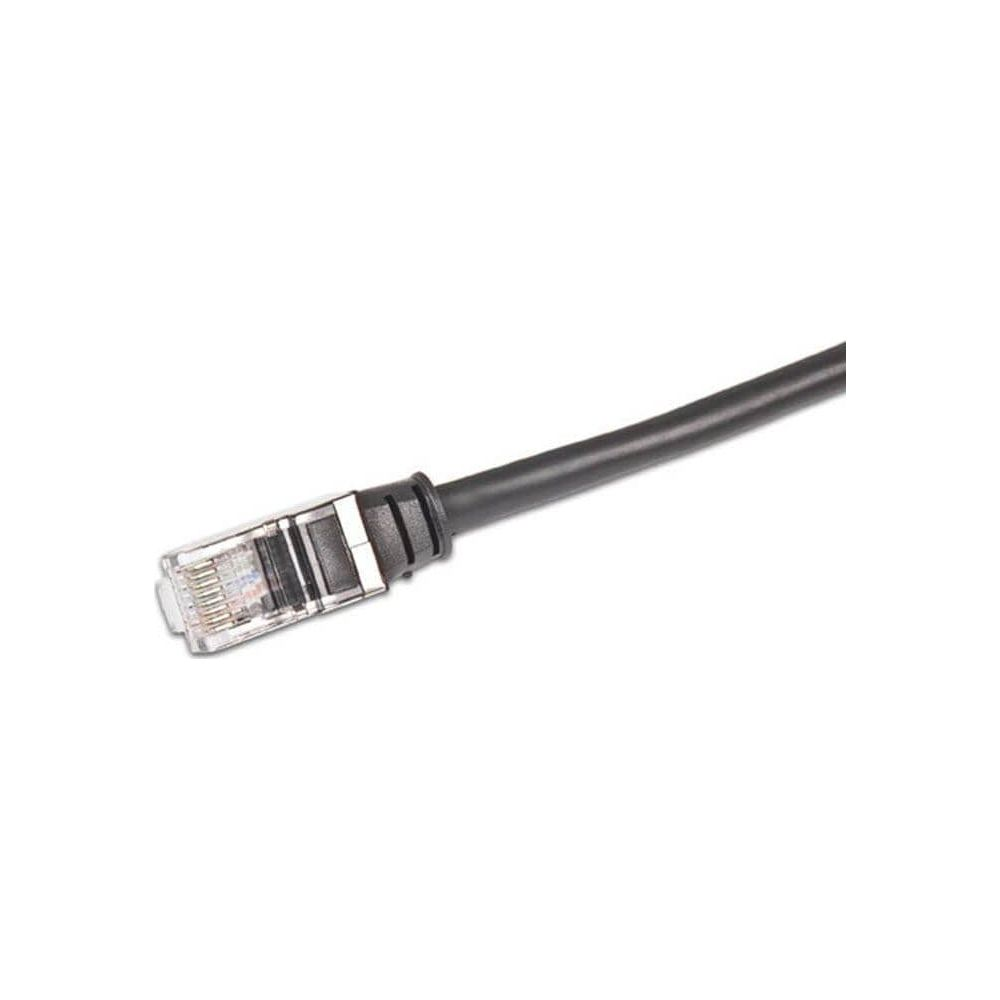 Un câble réseau noir avec un connecteur RJ45 transparent.