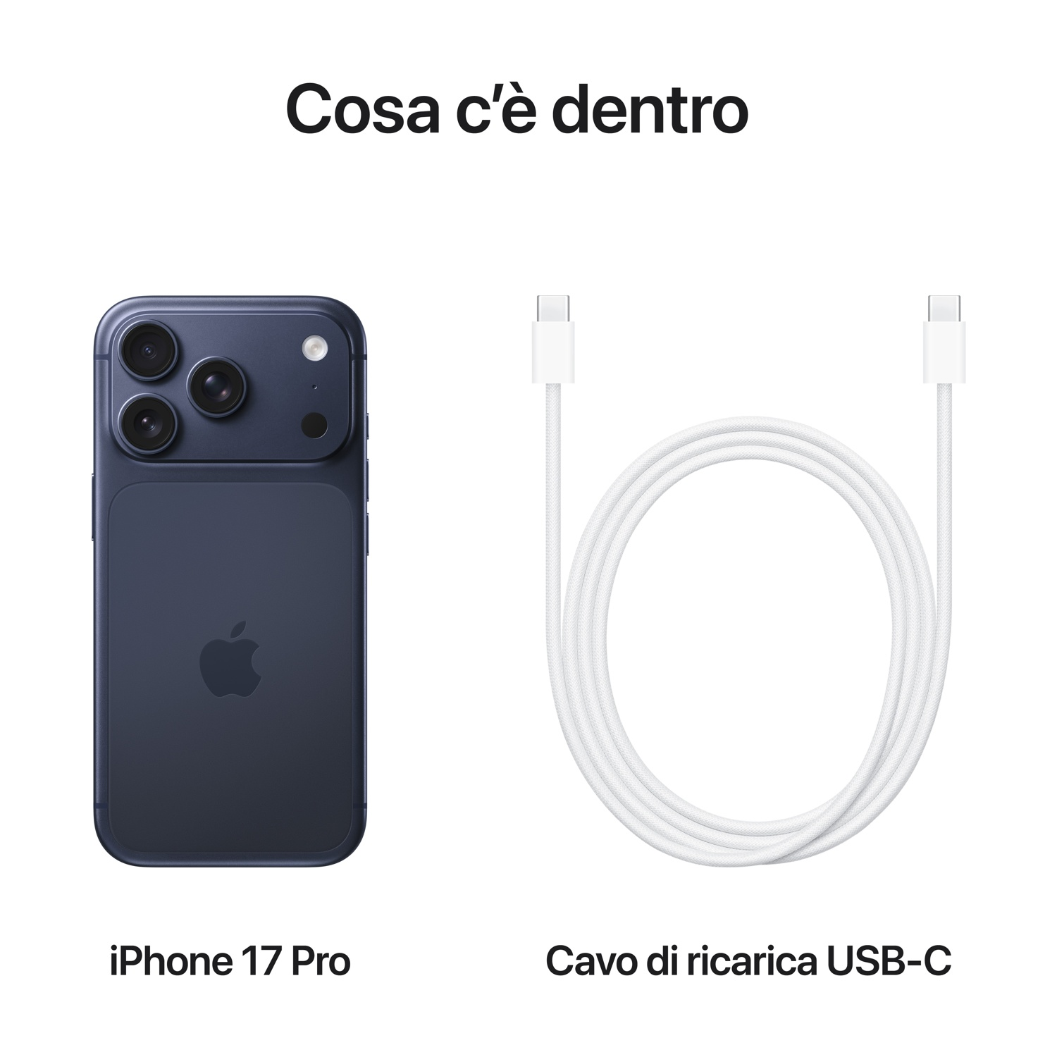 Granatowy iPhone 17 Pro i biały kabel ładujący USB-C obok siebie.