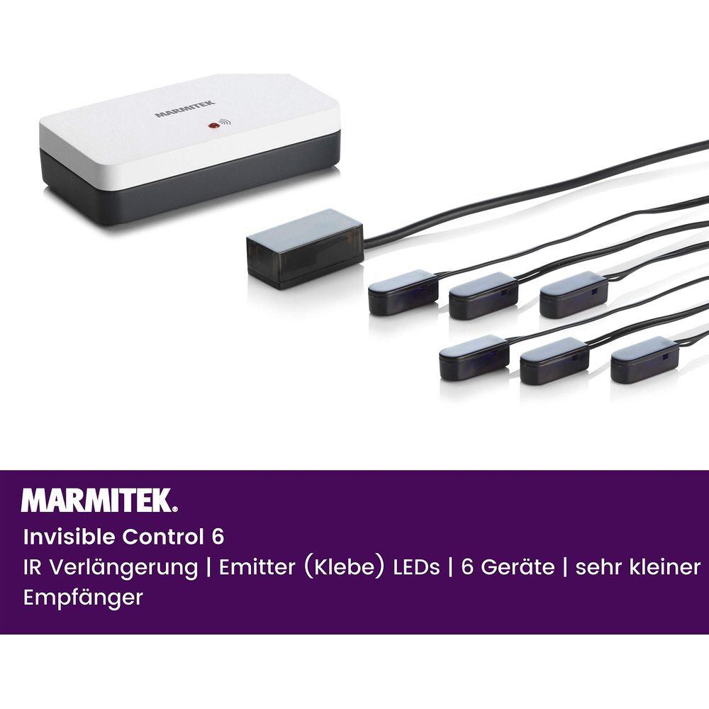 Estensore IR Marmitek con ricevitore bianco e sei LED emettitori neri.