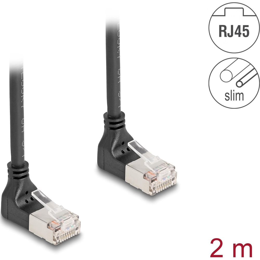 Dwa czarne, cienkie kable Ethernet RJ45 z wtykami pod kątem prostym. 2m.