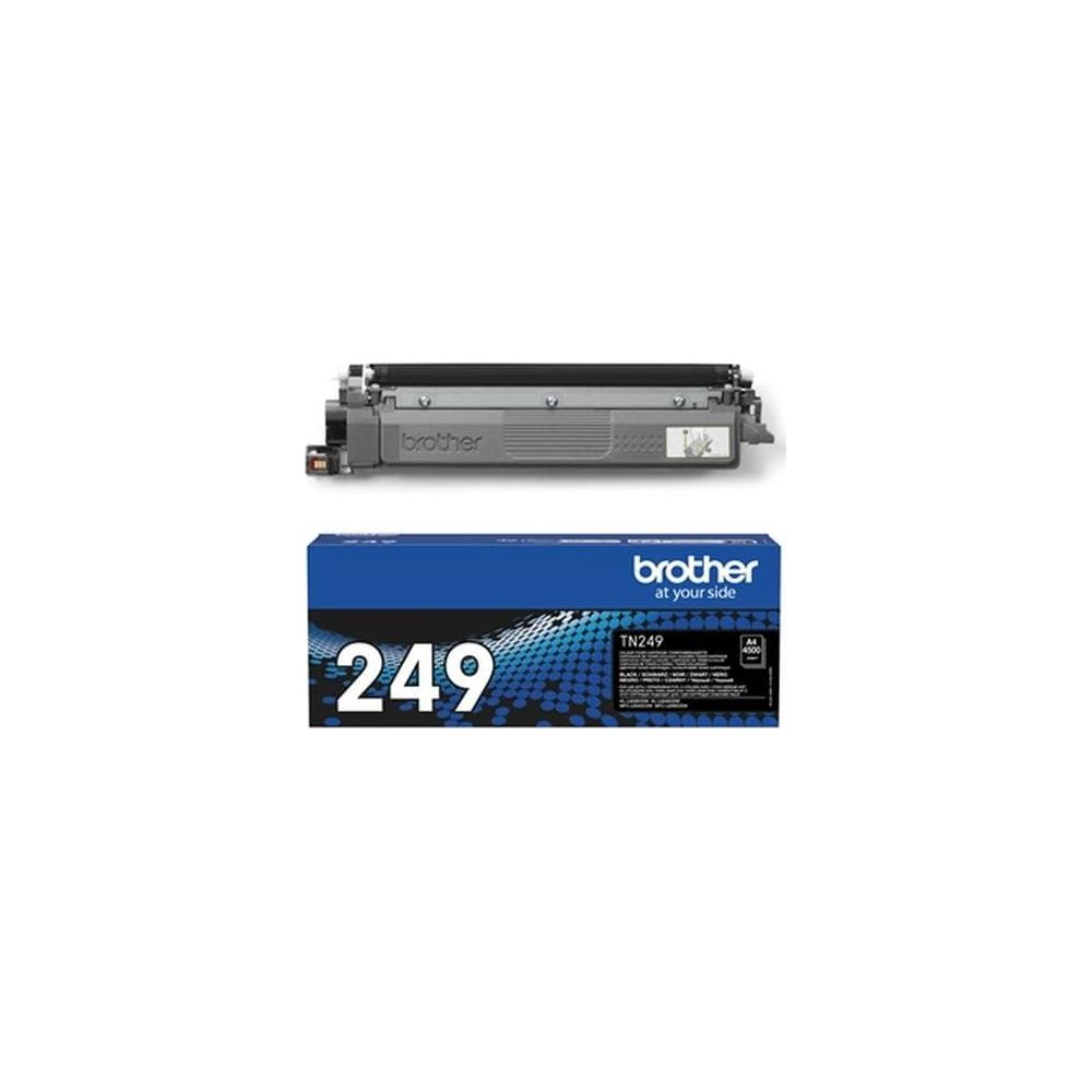 Brother TN249 toner cartridge, black, on a blue background.