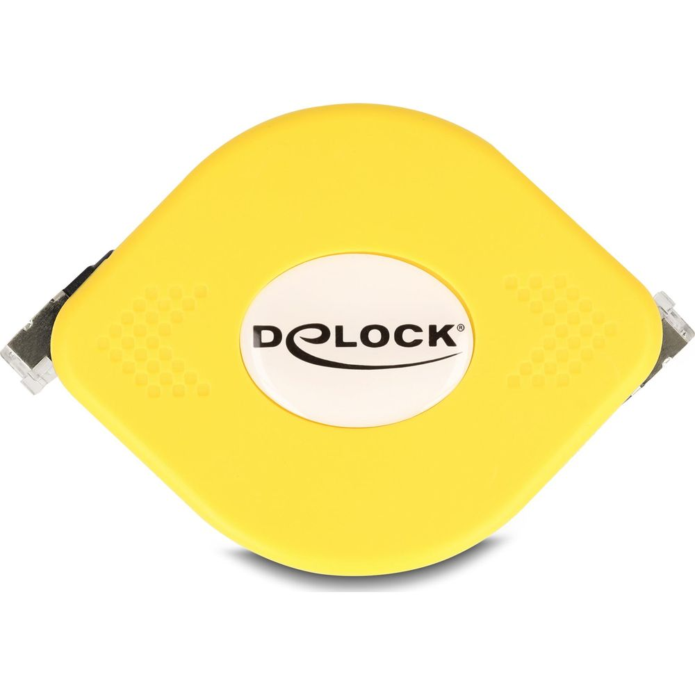 Custodia gialla con cerchio bianco e logo nero DELOCK. Sfondo bianco.