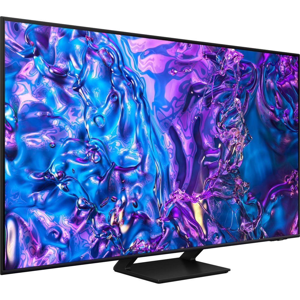 Un téléviseur moderne affichant un écran dynamique ressemblant à un liquide bleu et violet.