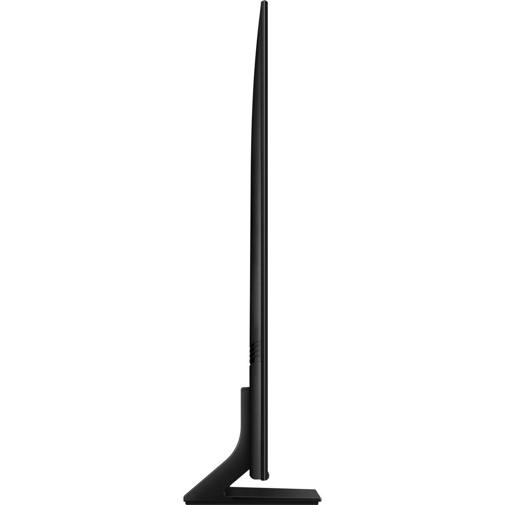 Un téléviseur noir et fin avec un pied étroit, vu de côté.