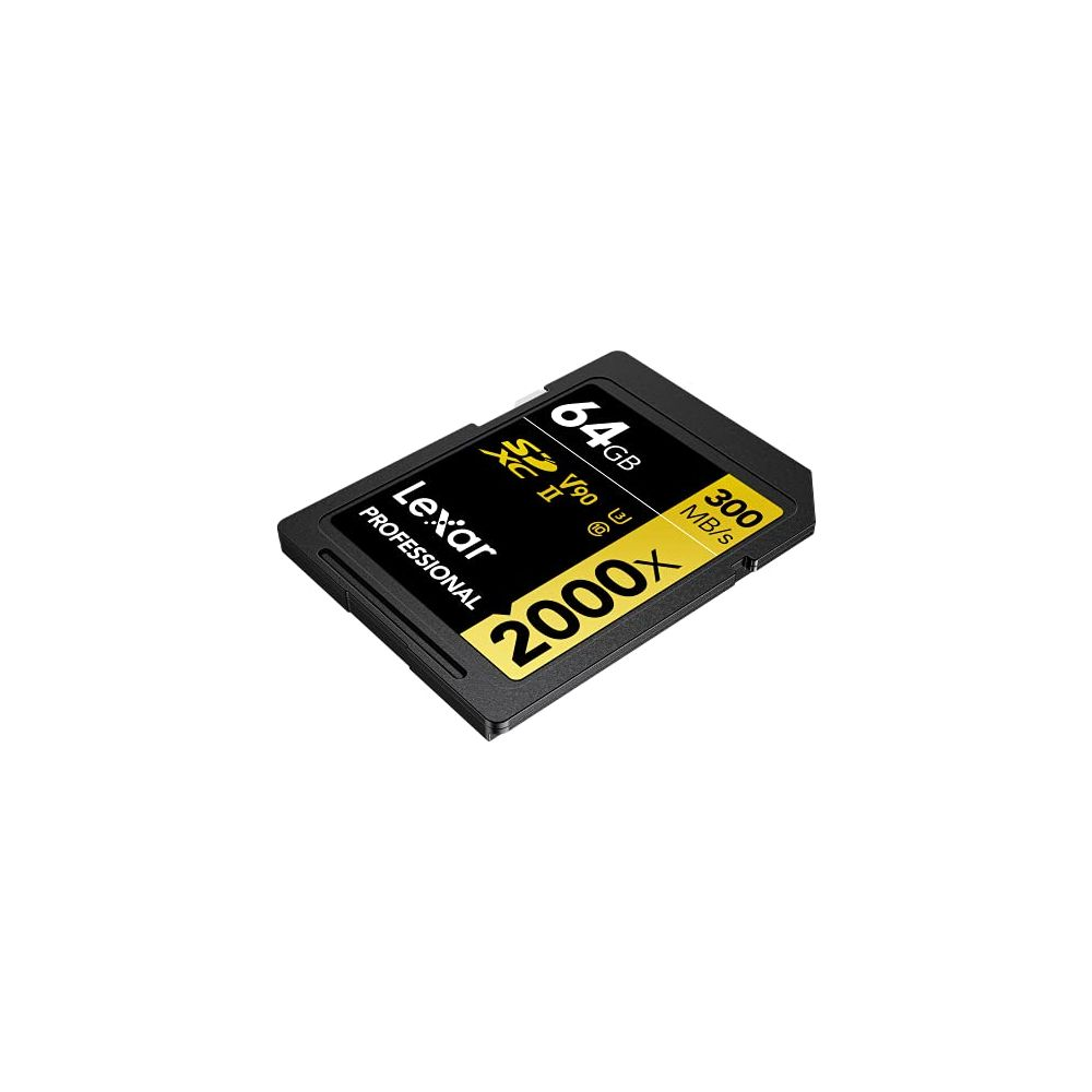 Lexar 64GB SDXC II V90 2000x Speicherkarte mit 300 MB/s Übertragungsrate.