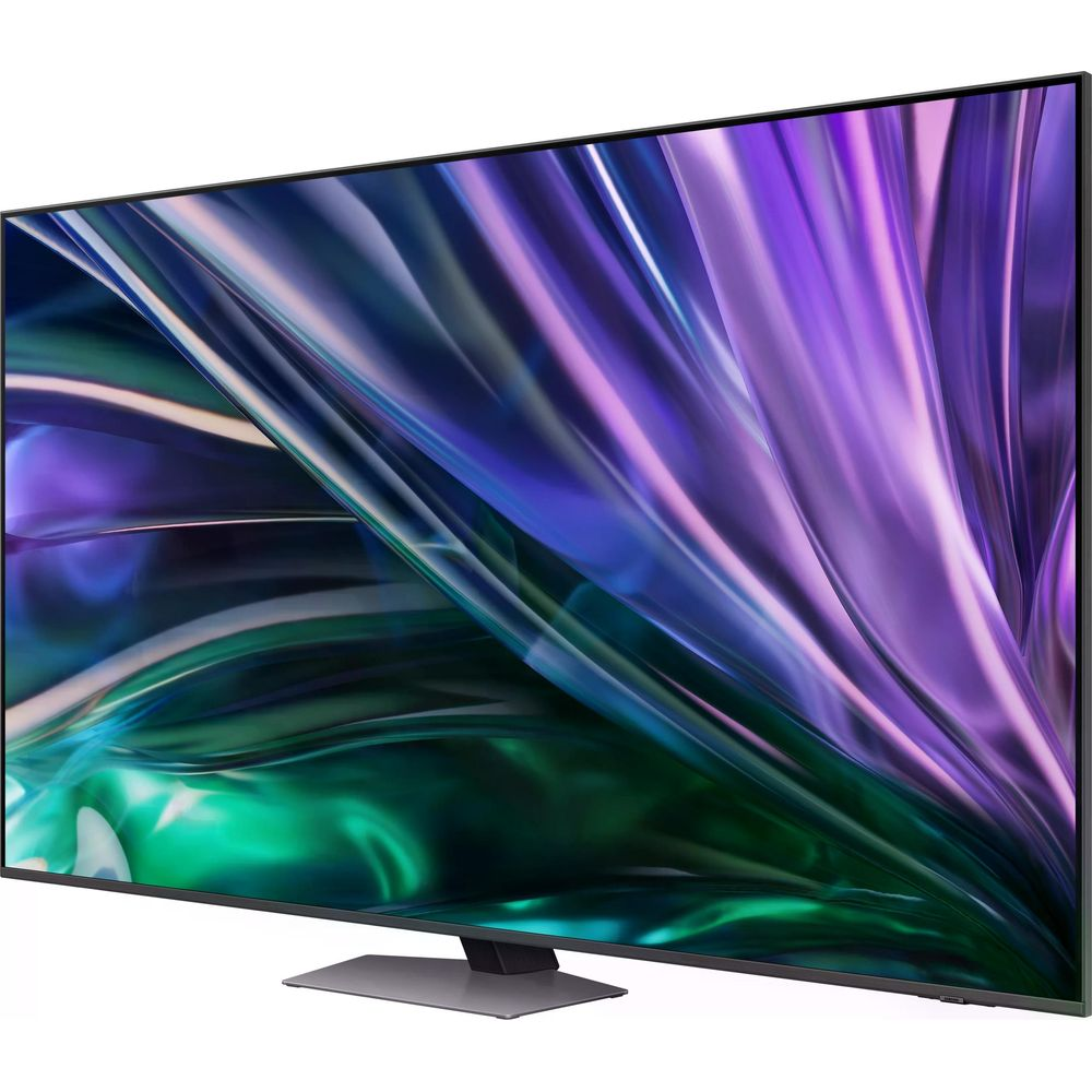 Een moderne televisie met abstracte, golvende scherminhoud in paarse en groene tinten.