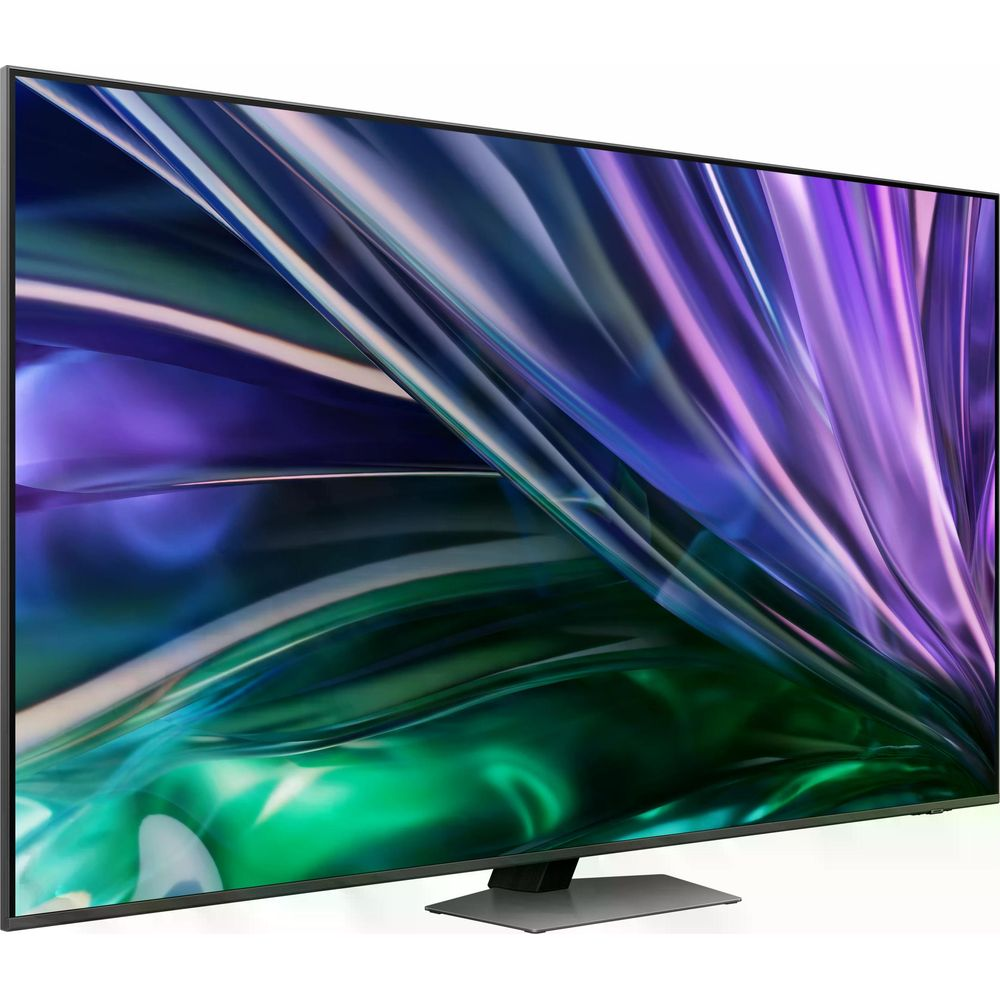 Een moderne flatscreen-tv met een abstracte, kleurrijke achtergrondafbeelding.