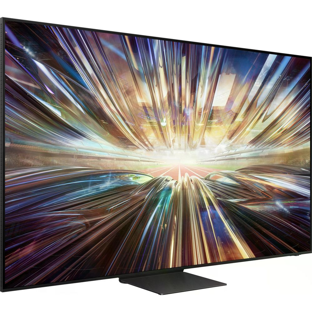 Un televisore moderno con arte astratta e colorata di luce sullo schermo.