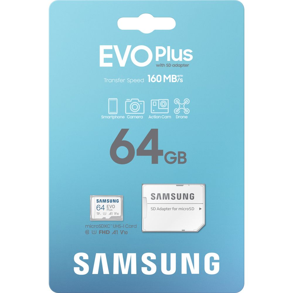 Samsung EVO Plus 64GB microSDXC-Speicherkarte mit SD-Adapter.