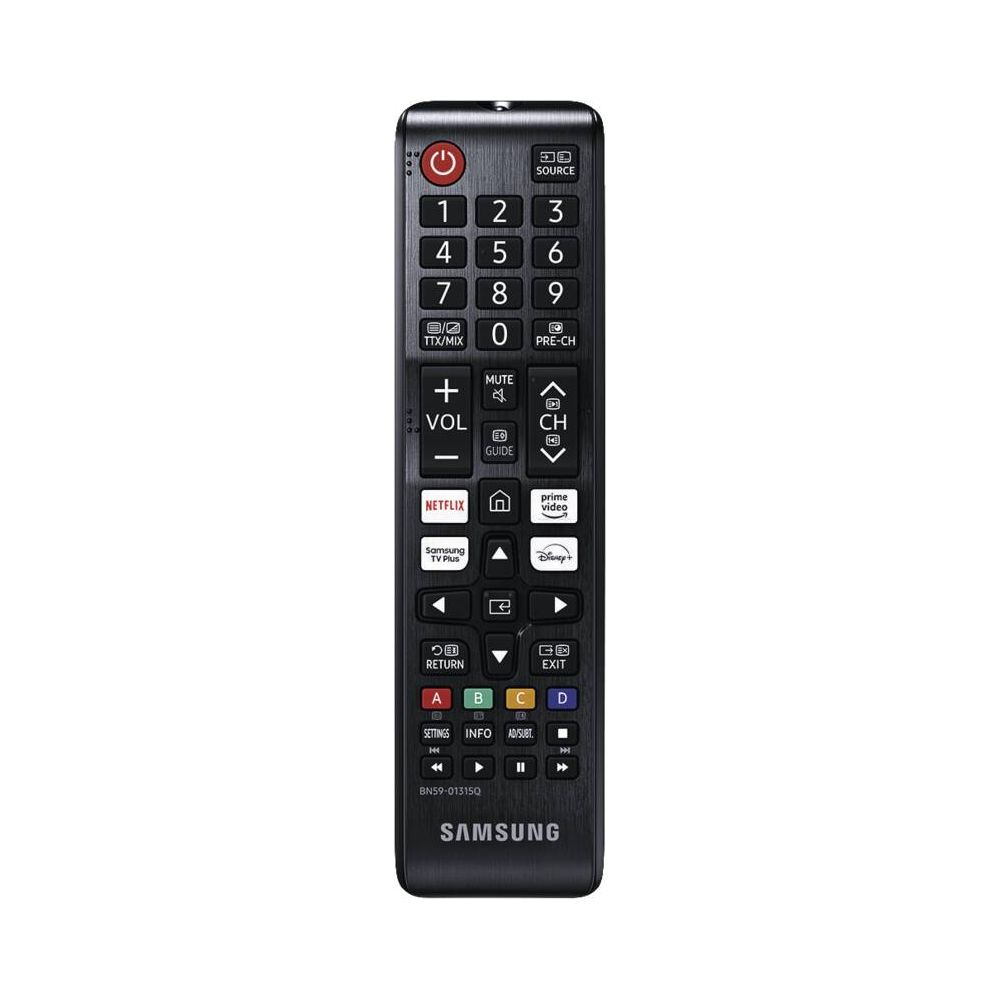 Télécommande TV Samsung noire avec pavé numérique, navigation et boutons d'applications.
