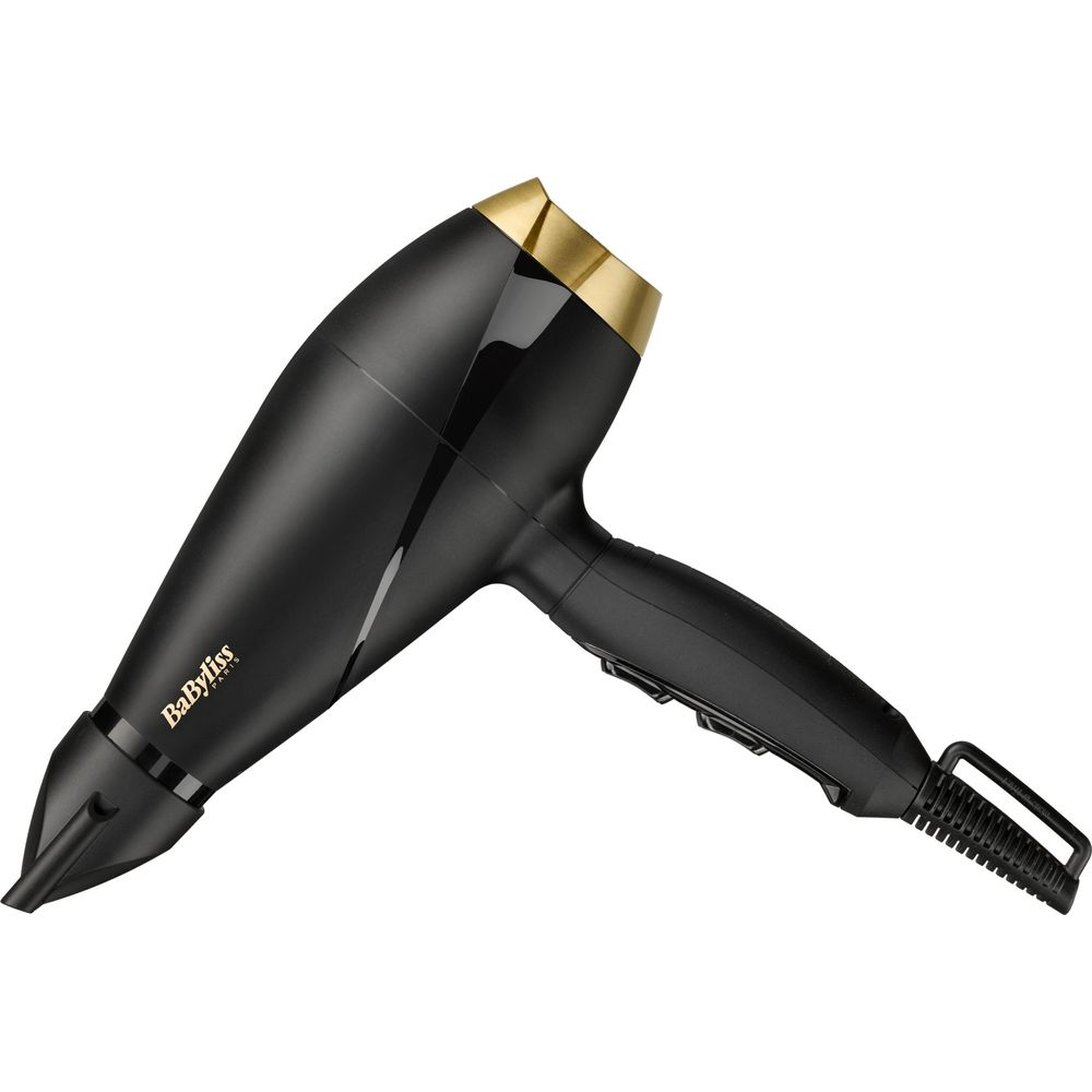 Ein schwarzer Haartrockner mit goldenen Akzenten und dem Logo von BaByliss Paris.