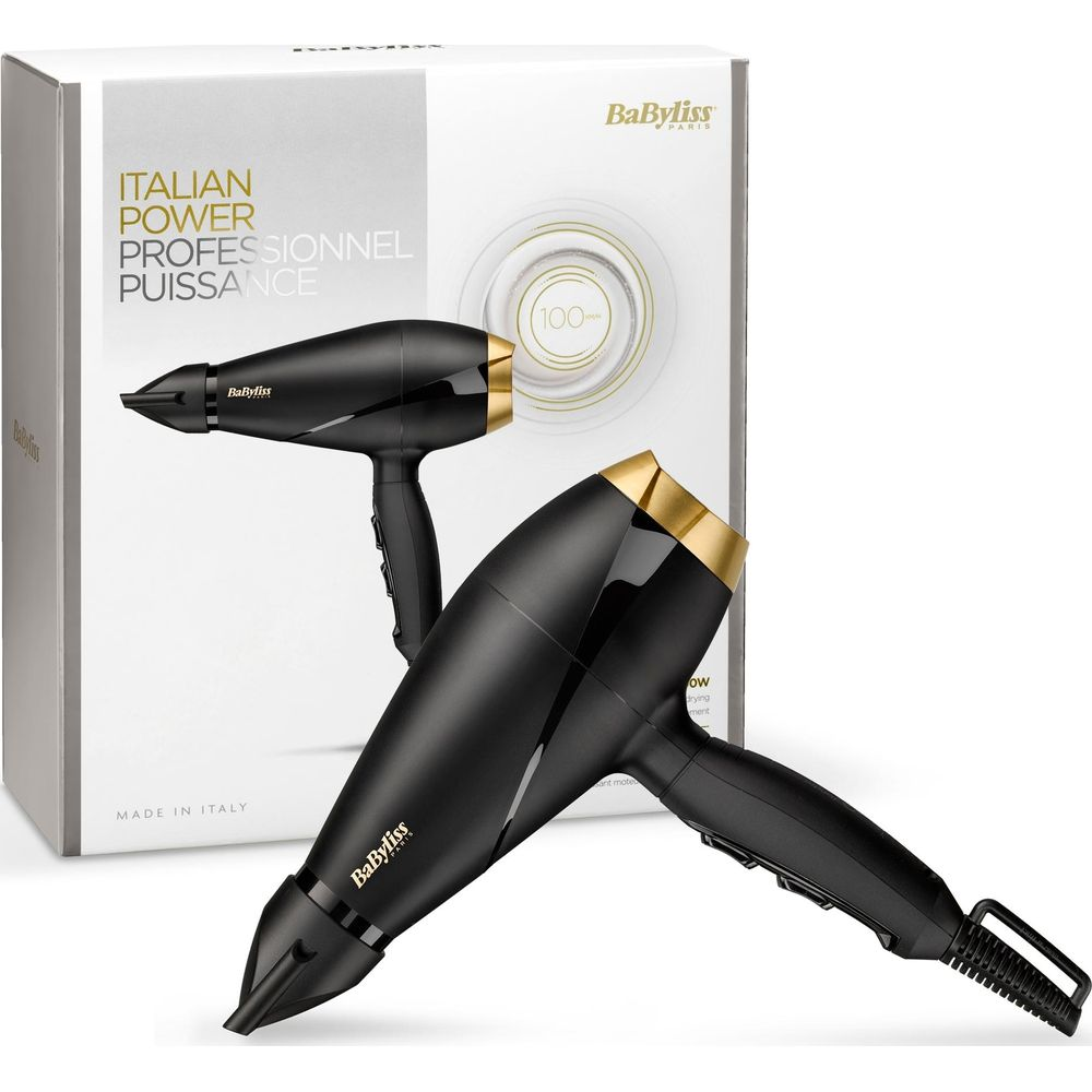 Zwei schwarze Haartrockner mit goldenen Akzenten, einer auf einer Packung.