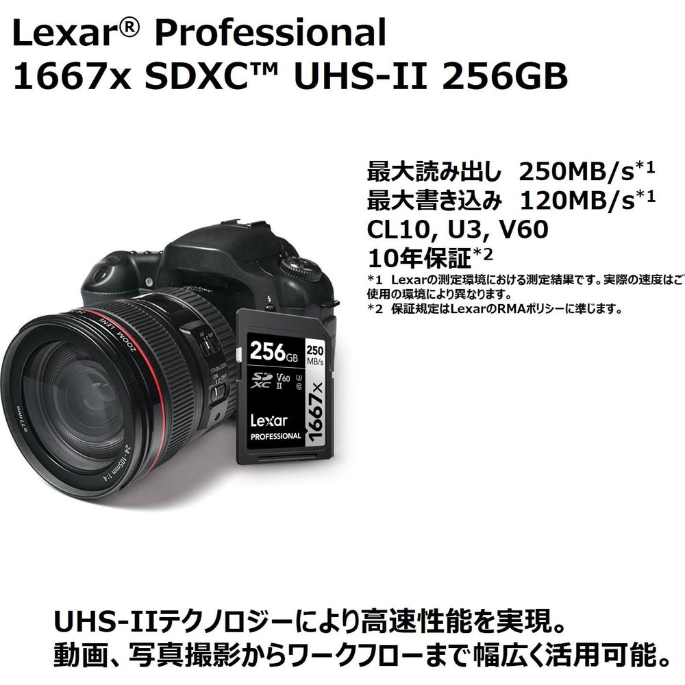 Eine Digitalkamera mit einem Lexar 256GB SDXC UHS-II Speicherkarte.