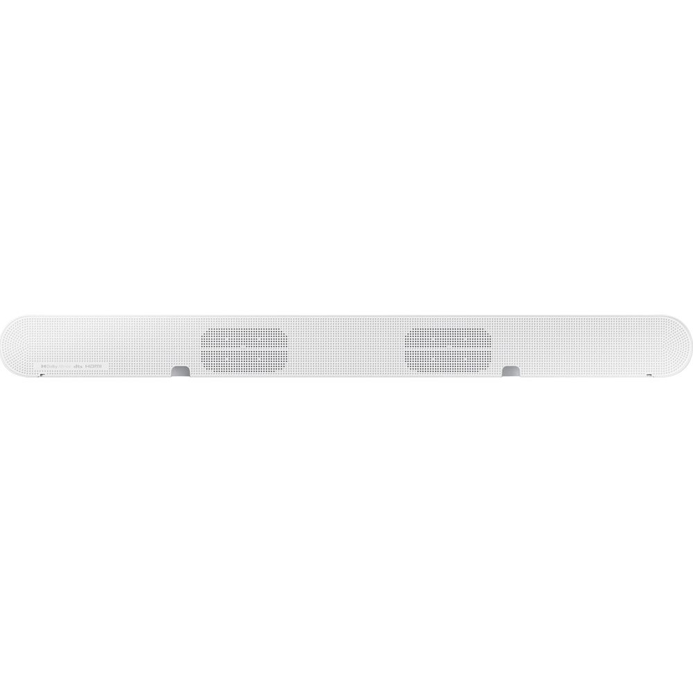 Barre de son blanche avec grille perforée, logos Dolby Atmos et HDMI.