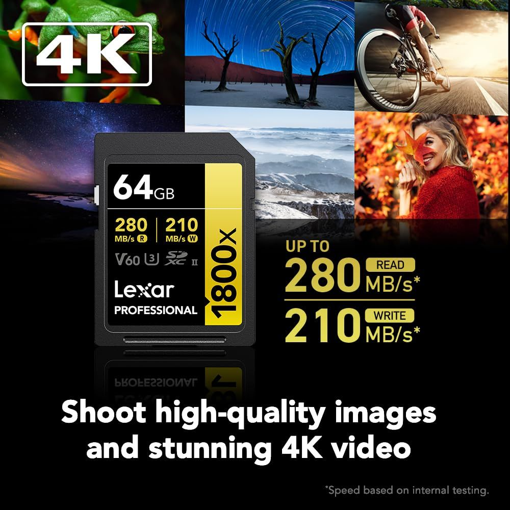 Lexar 64GB 1800x SD-Karte mit Read/Write-Geschwindigkeiten, umgeben von 4K-Bildern.