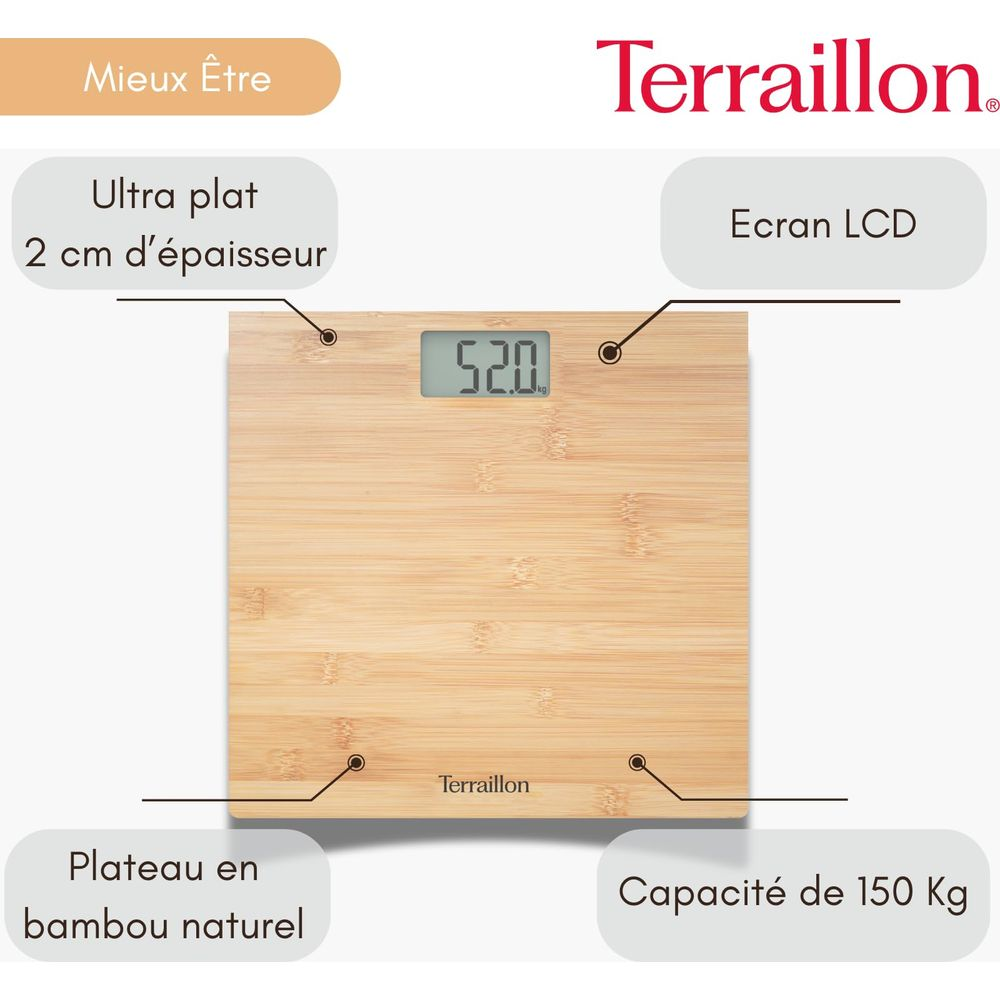 Waga Terraillon imitująca drewno, wyświetlacz LCD pokazuje 52,0 kg.