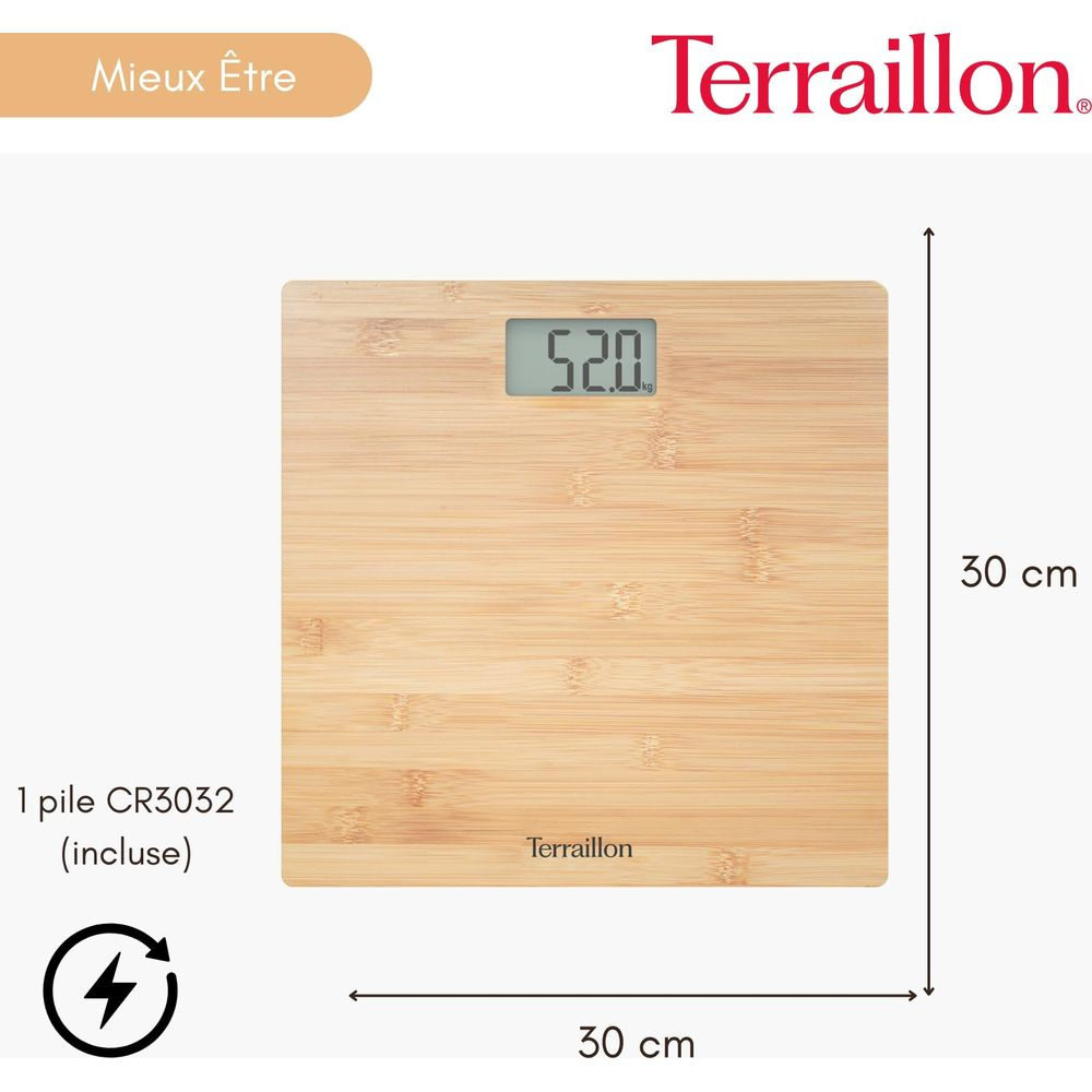 Drewniana waga cyfrowa, waga 52.0 kg. Wymiary 30x30 cm.