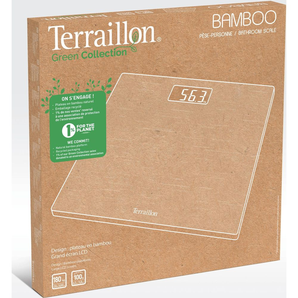 Waga łazienkowa Terraillon bambusowa pokazująca 56,3 kg.