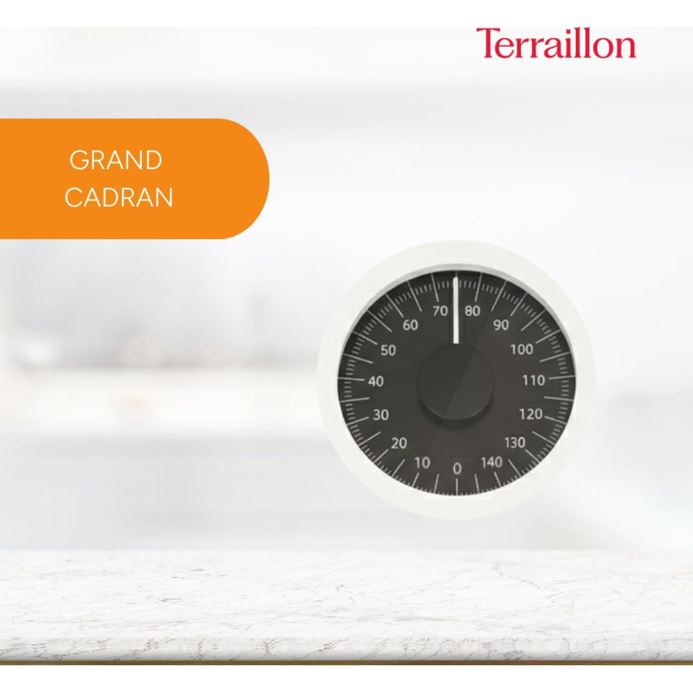 Biały wskaźnik z czarną tarczą i skalą od 0 do 140.