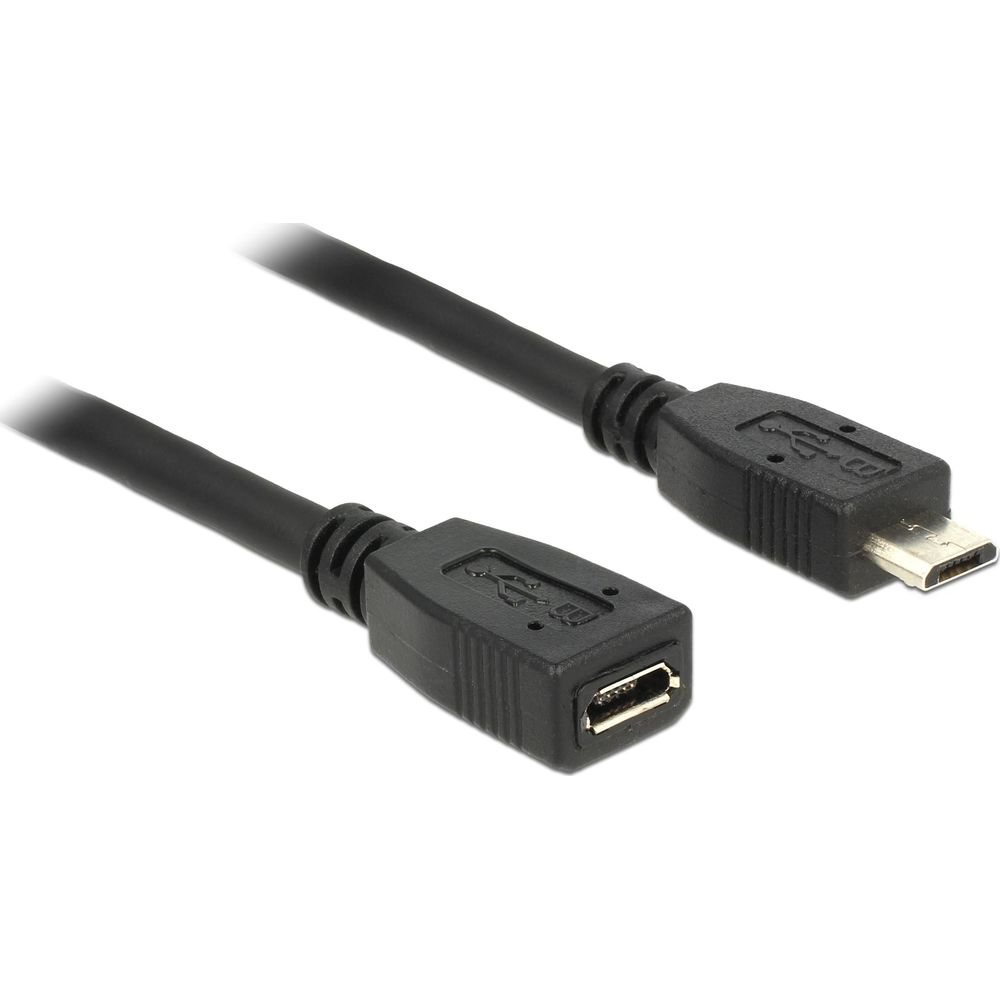 Zwarte USB-kabel met micro-USB-connector en USB-A-stekker.