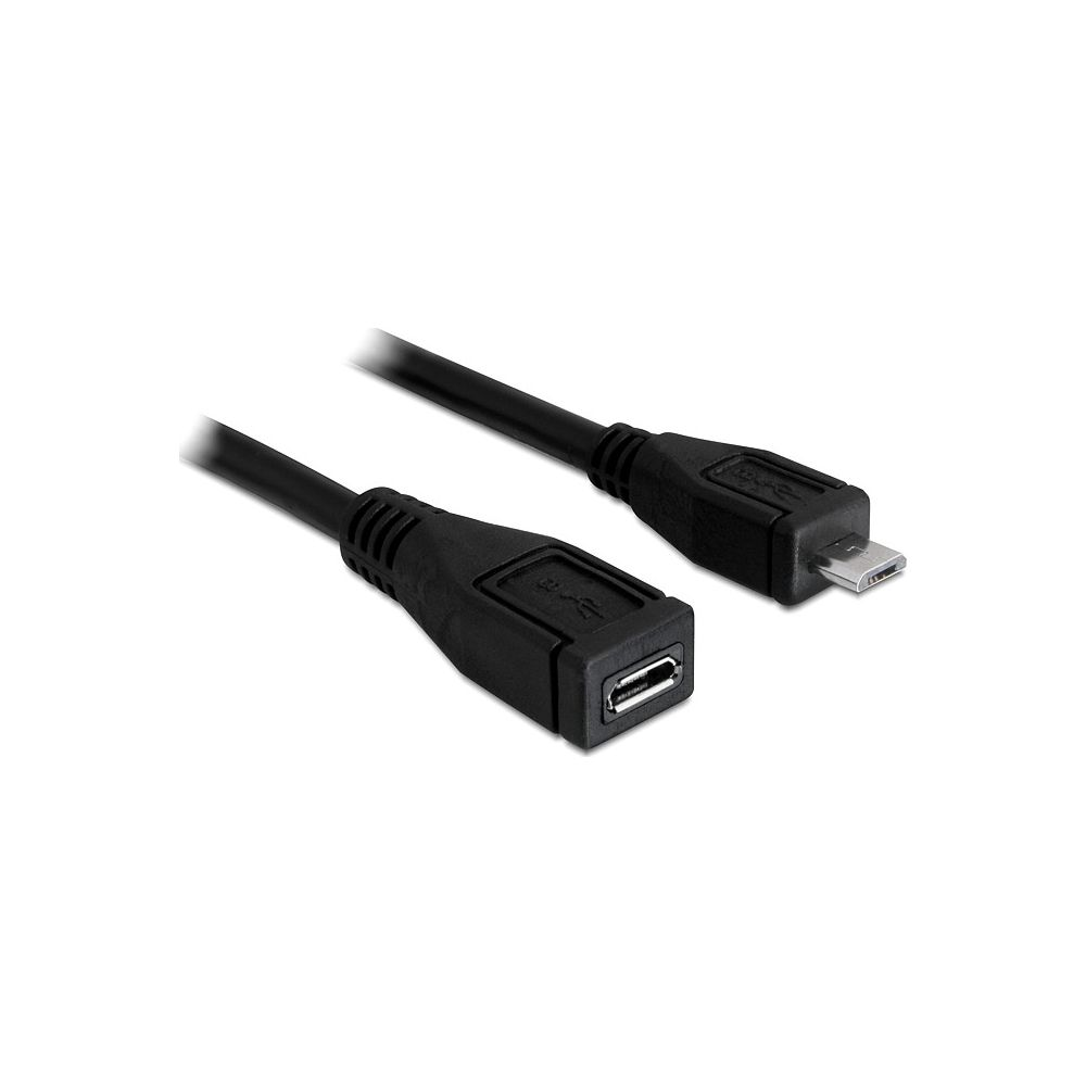 Een zwarte USB-verlengkabel met een micro-USB-stekker en een stopcontact.