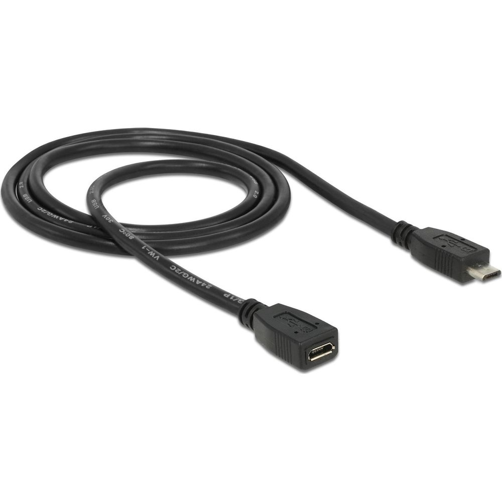 Een zwarte USB-verlengkabel met een mannelijke USB-A-connector en een vrouwelijke micro-USB-poort.
