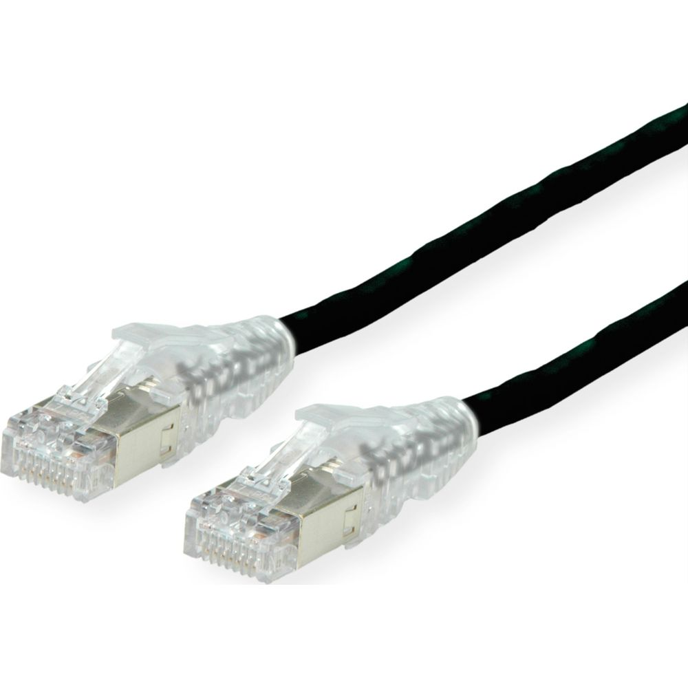 Two black Ethernet cables with clear connectors on a white background.