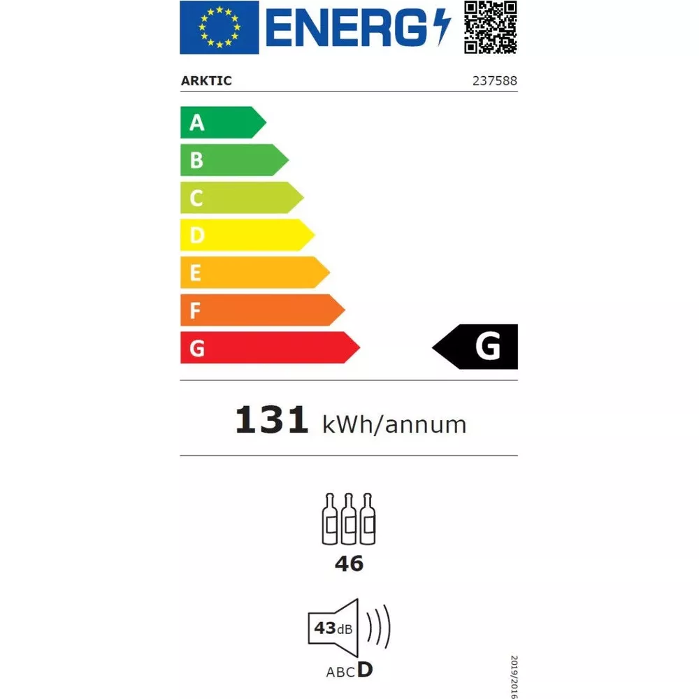 Energielabel mit Effizienzklasse G, 131 kWh/Jahr, 46 Flaschen, 43 dB Schallpegel.