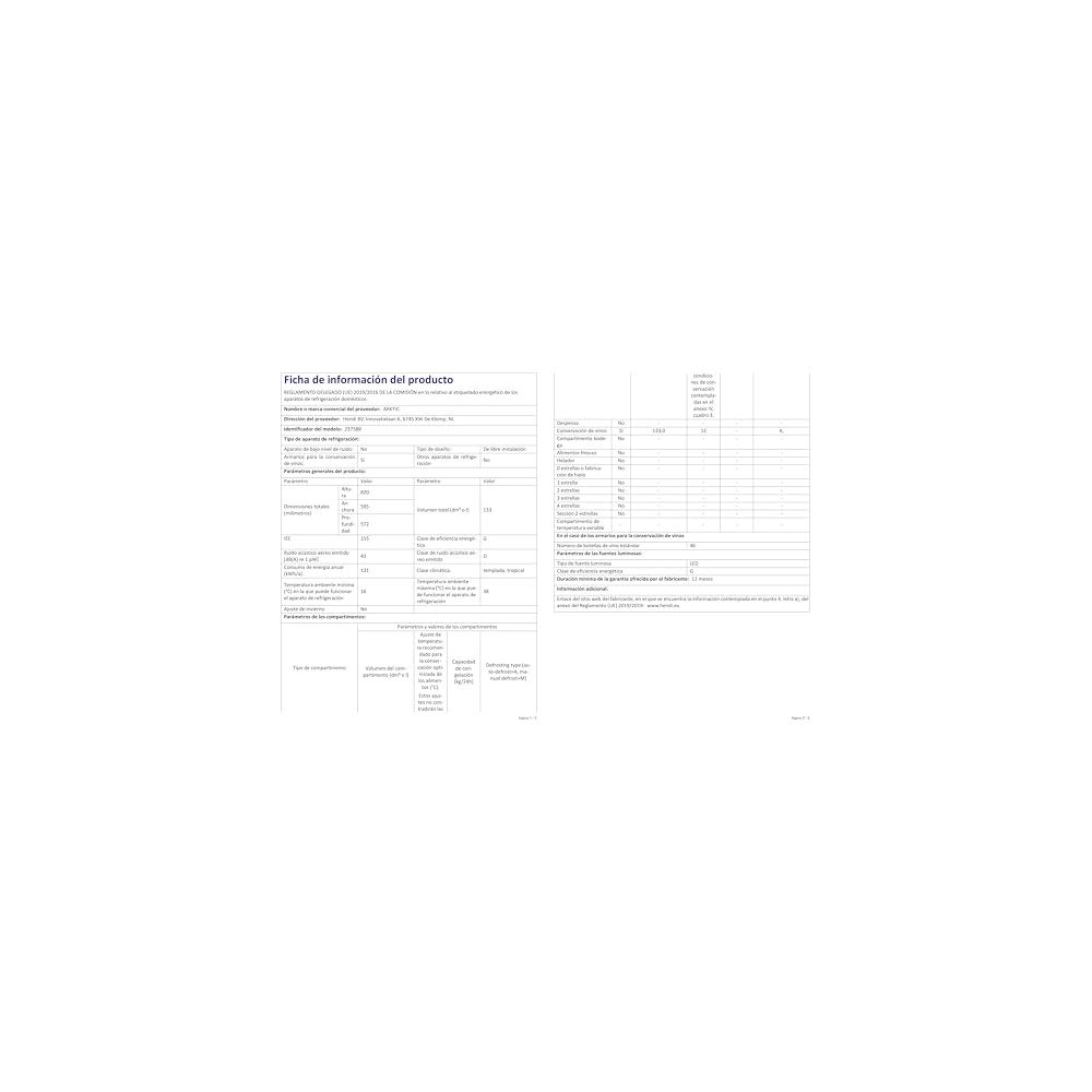 Produktinformationsblatt mit technischen Daten und Energieeffizienzklassen für ein Kühlgerät.