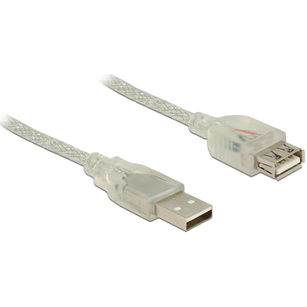 Un câble USB transparent avec un connecteur mâle type A et un port femelle type A.