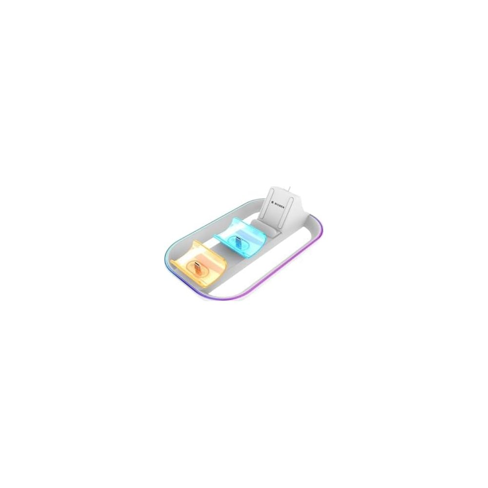 Una base de carga blanca con dos inserciones de colores e iluminación LED.
