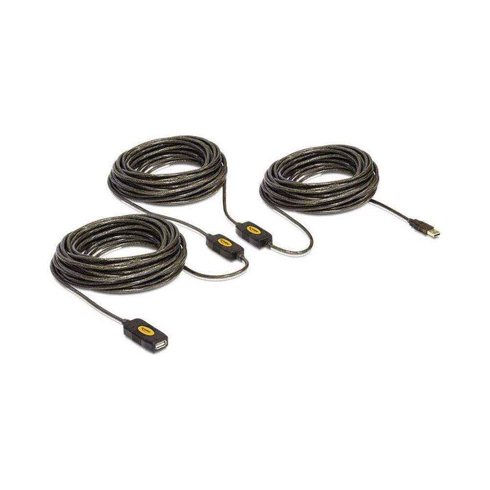 Tre cavi USB neri con scatole gialle su sfondo bianco.
