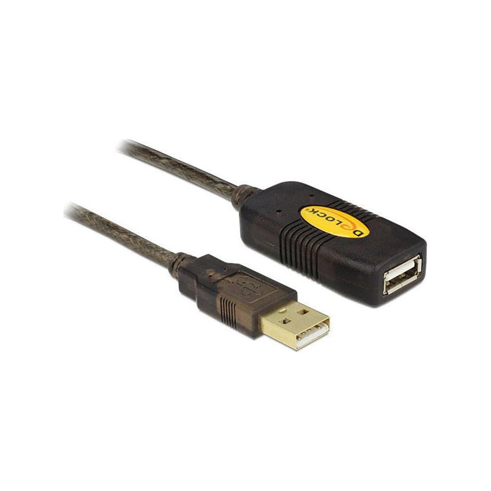Un cavo di prolunga USB nero con connettori dorati su sfondo bianco.