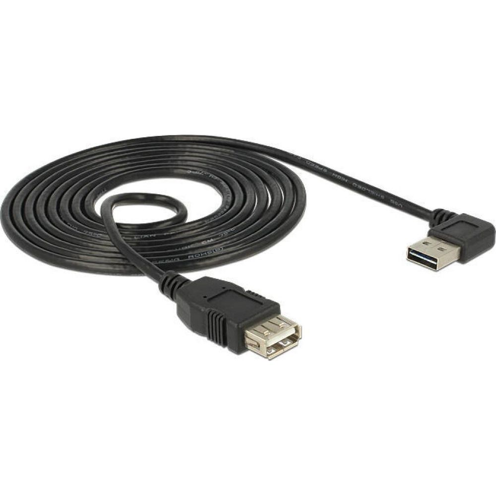 Een zwarte USB-kabel met een haakse connector en een vrouwelijke connector.