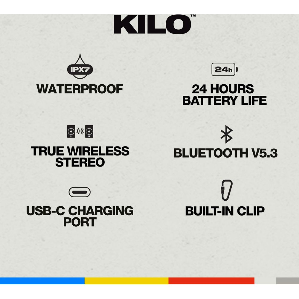 Kilo Logo, wasserdicht, 24h Akku, True Wireless Stereo, Bluetooth 5.3, USB-C.