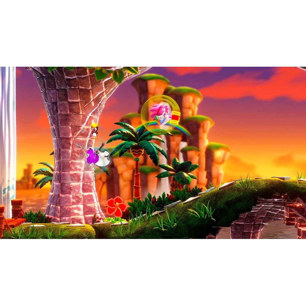 Personaggi in un paesaggio tropicale al tramonto con rocce e palme.