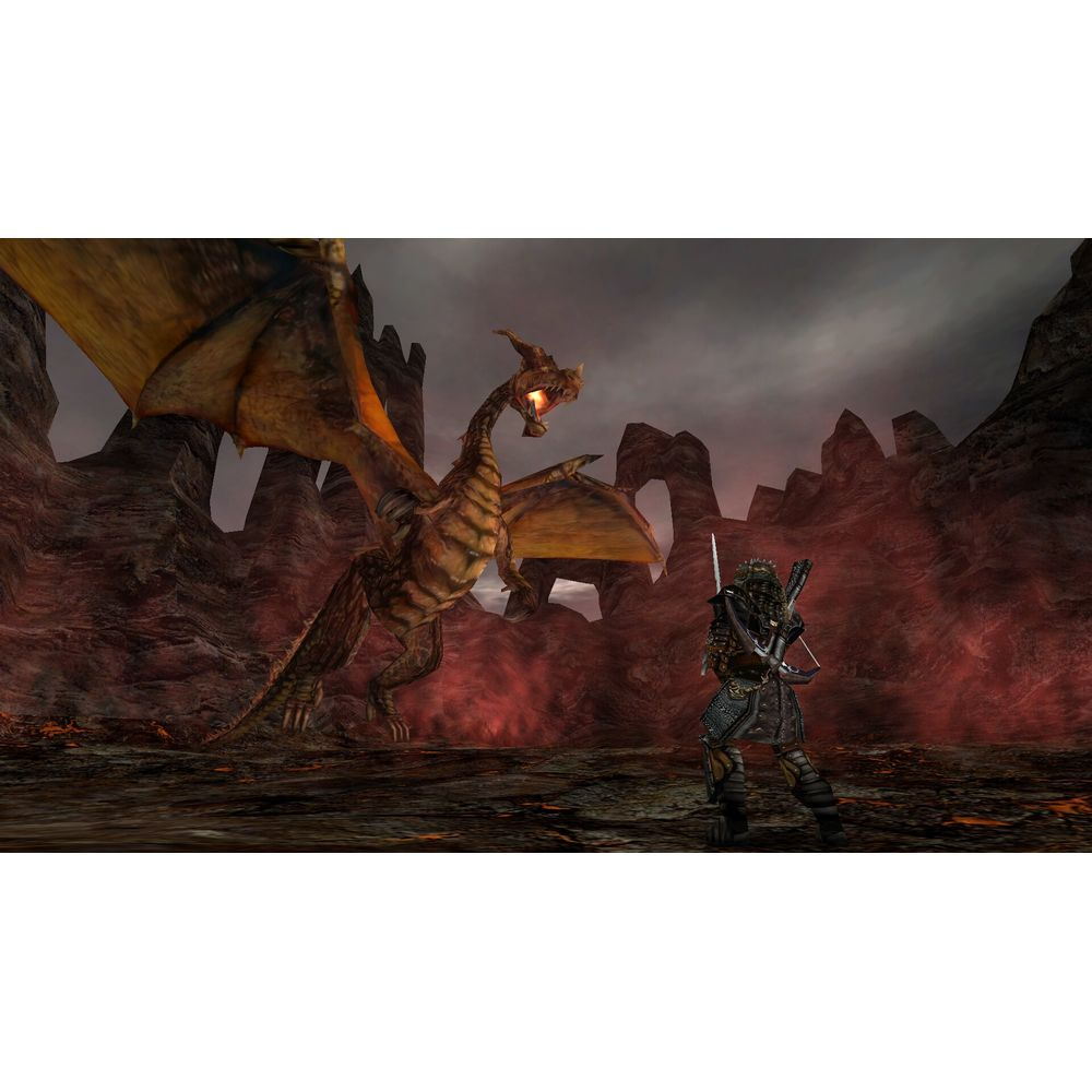 Smok z pomarańczowymi skrzydłami staje naprzeciw wojownika z kuszą.