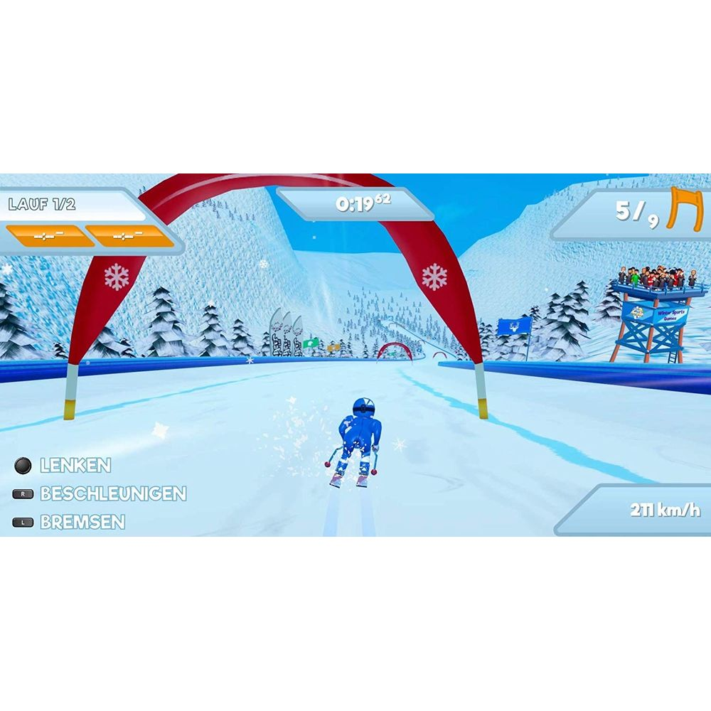 Ein blauer Skifahrer fährt eine verschneite Piste hinunter unter einem roten Tor.