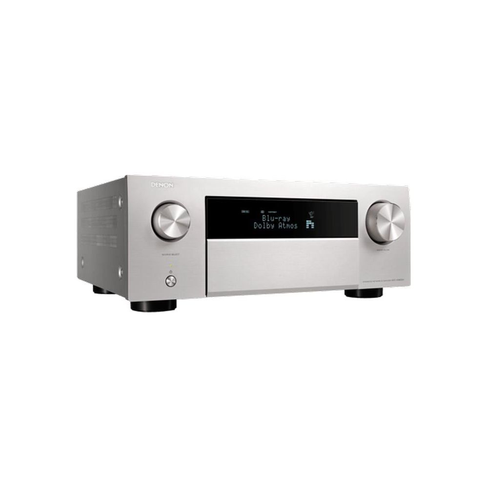 Silberner Denon AV-Receiver mit zwei Drehreglern und schwarzem Display.