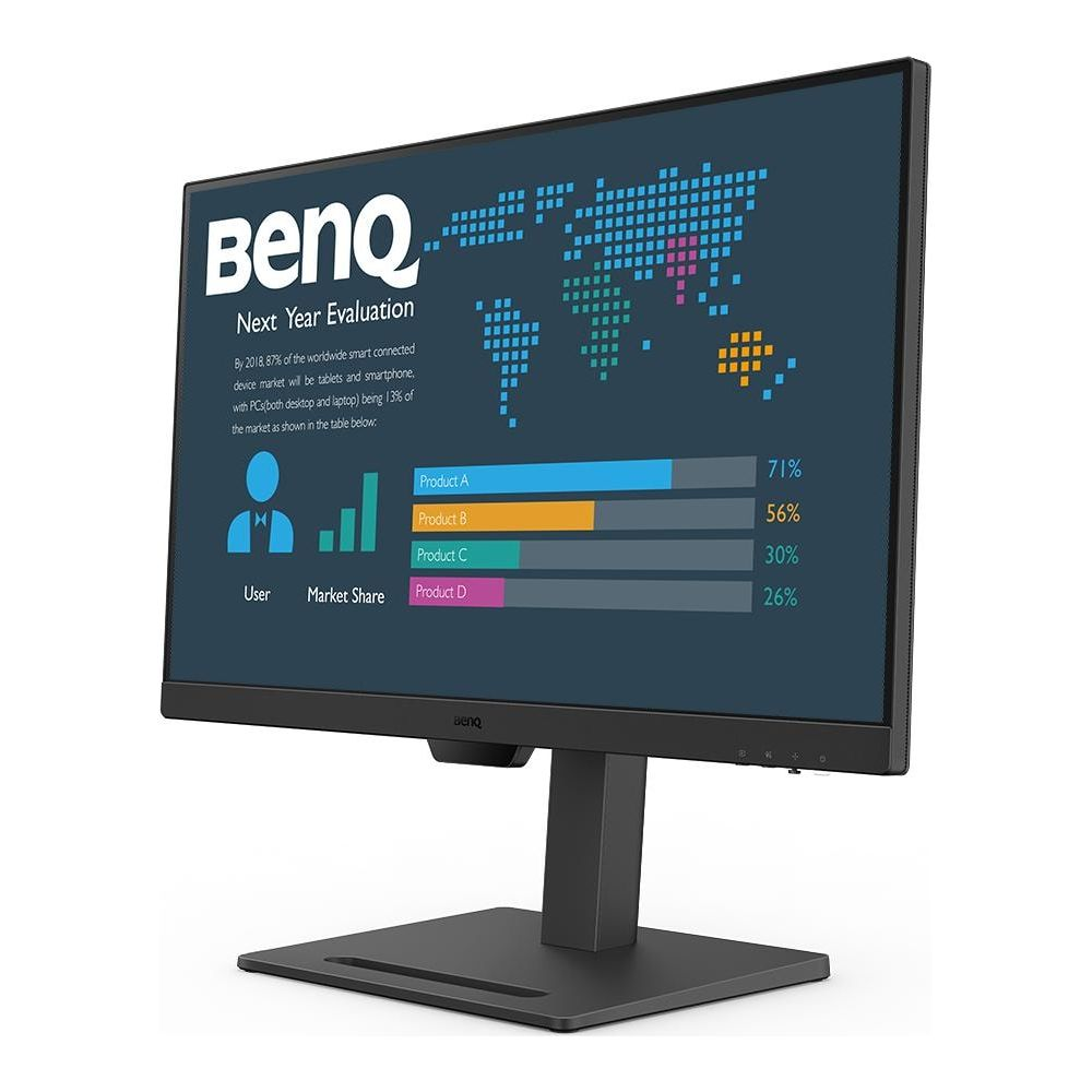 Monitor BenQ pokazuje dane o udziale w rynku: Produkt A 71%, Produkt B 56%, C 30%, D 26%.