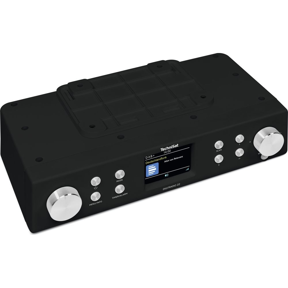 Una radio DAB+ nera con controlli argentati e display.